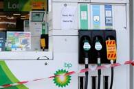 A BP petrol station that has ran out of fuel is seen in London