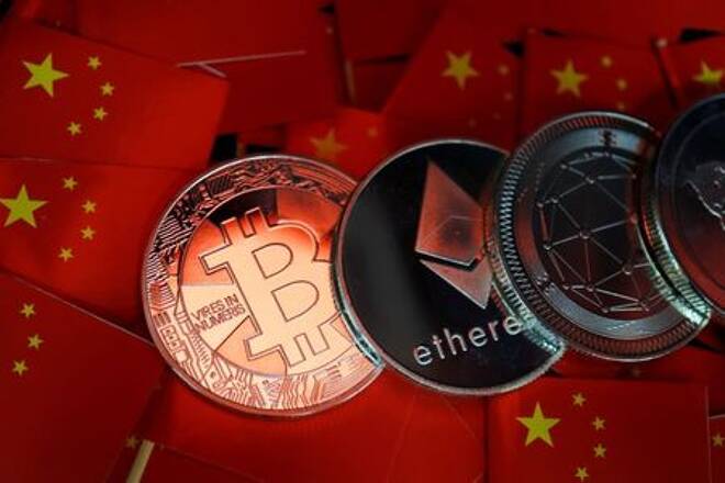 Picture illustration of China's flags and cryptocurrencies