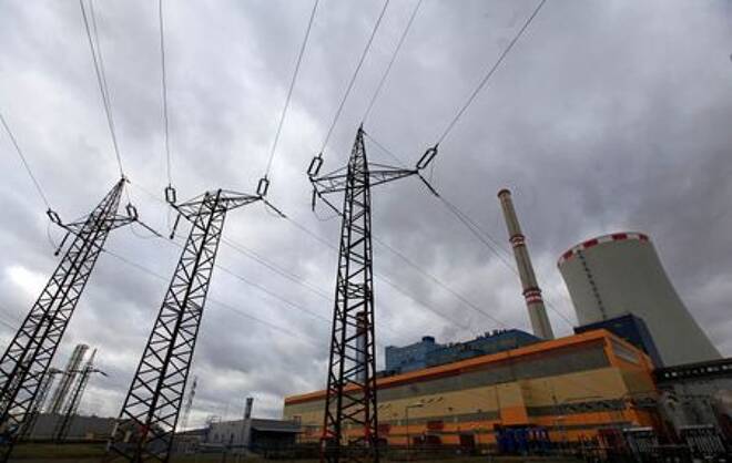 Electricity pylons carry power from CEZ's Ledvice coal-fired