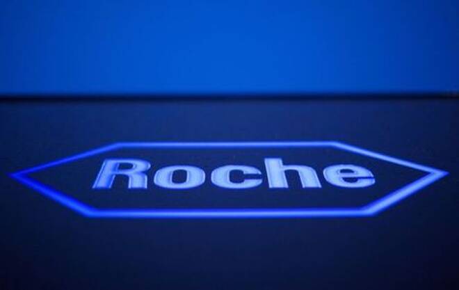Logo of Swiss pharmaceutical company Roche is pictured