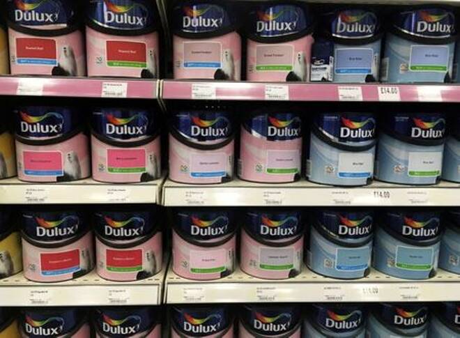 FILE PHOTO: Cans of Dulux paint, an Akzo Nobel brand, are seen on the shelves of a hardware store near Manchester, Britain.
