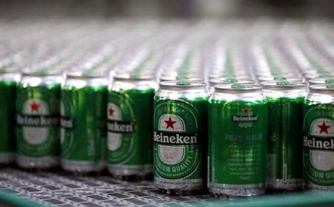 Heineken beers are seen on a production line