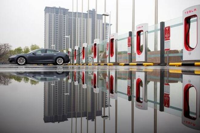 A Tesla car pictured at a charging point in Beijing