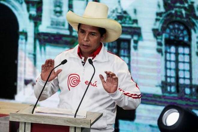 Peru's socialist candidate Pedro Castillo gestures during a
