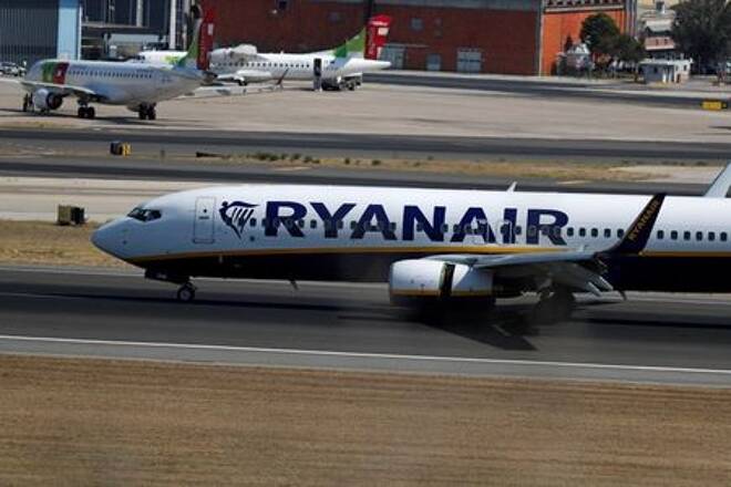 FILE PHOTO: A Ryanair plane taxis at Lisbon's airport