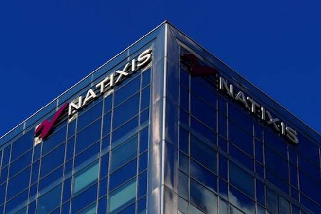 The logo of French bank Natixis is seen on one