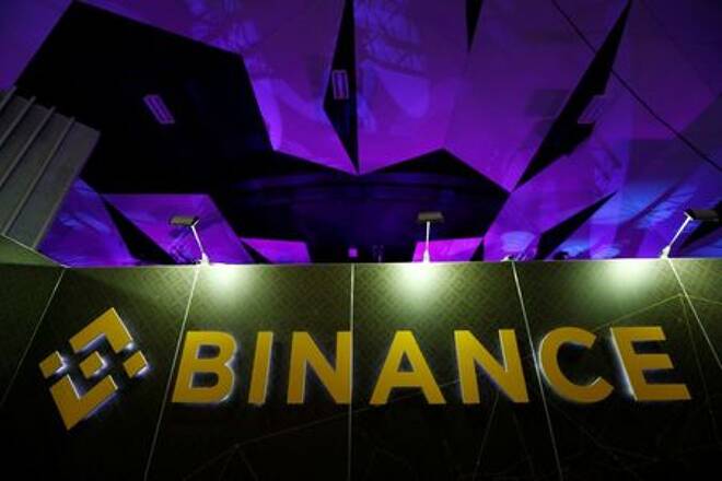 The logo of Binance is seen on their exhibition stand