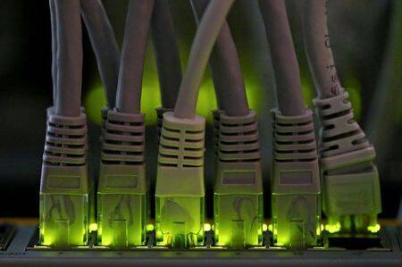 FILE PHOTO: LAN network cables plugged into a Bitcoin mining