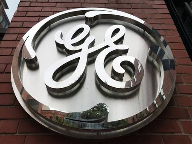 The General Electric Co. logo is seen on the company's