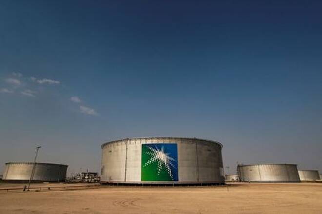 A view shows branded oil tanks at Saudi