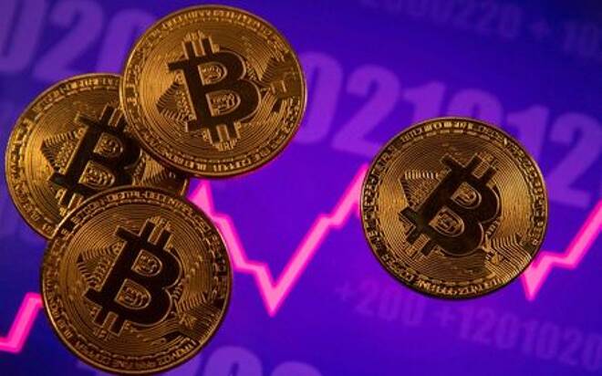 A representation of virtual currency Bitcoin is seen