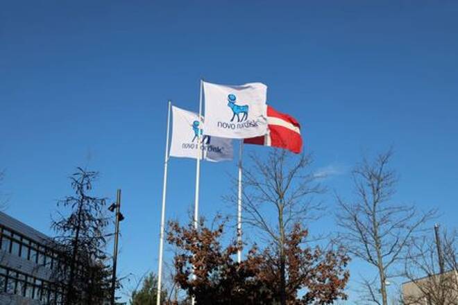 Flags are seen outside Novo Nordisk headquarters in