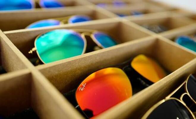 Sunglasses from Ray Ban are on display at a optician