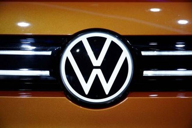 A Volkswagen logo is seen as it launches