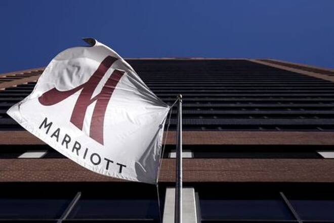 A Marriott flag hangs at the entrance of