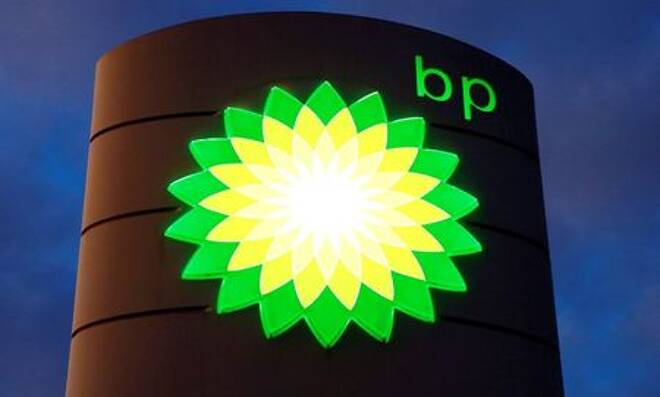 Logo of BP is seen at a petrol