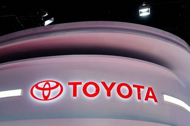 The Toyota logo is seen at its booth