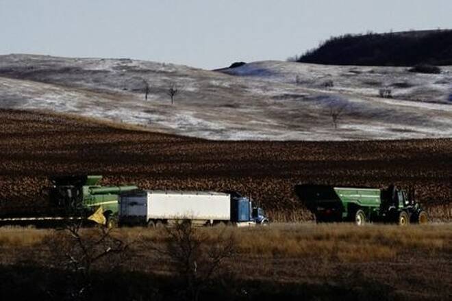 FILE PHOTO: An agricultural combine, tractor and trailer, and semi truck are parked alongside corn fields during the fall harvest as the coronavirus disease (COVID-19) outbreak continues in Livonia