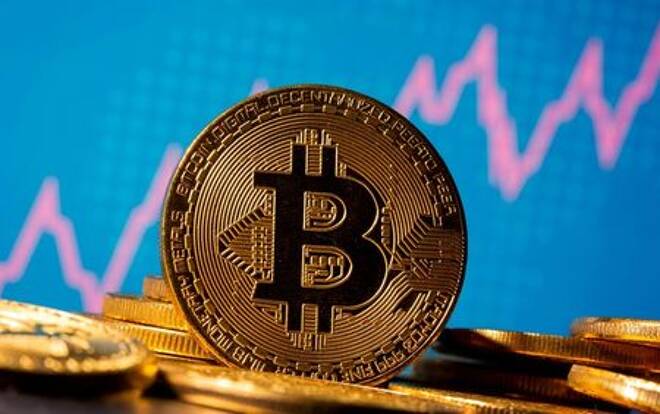 A representation of virtual currency bitcoin is seen