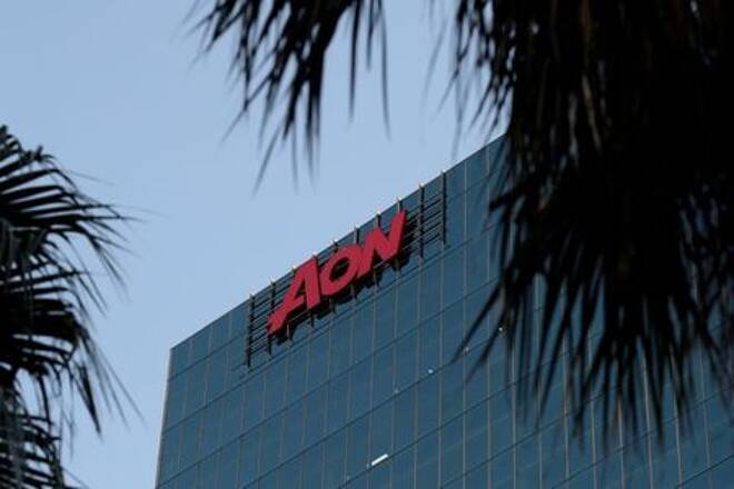 An office building with the Aon logo is