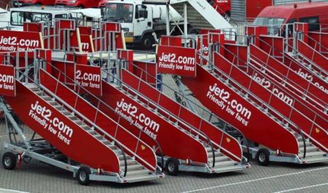 Jet2.com aircraft boarding stairs are stored at Stansted