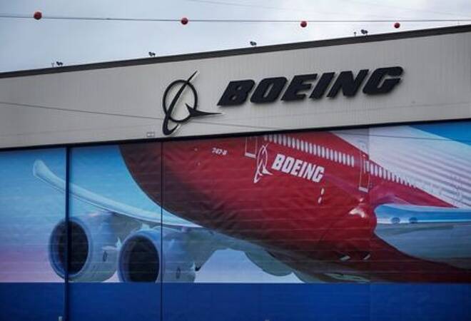 A Boeing logo is seen at the company's