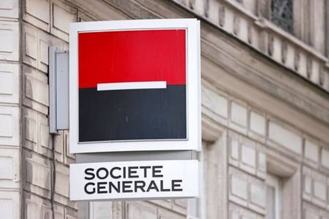 A Societe Generale sign is seen outside a bank building