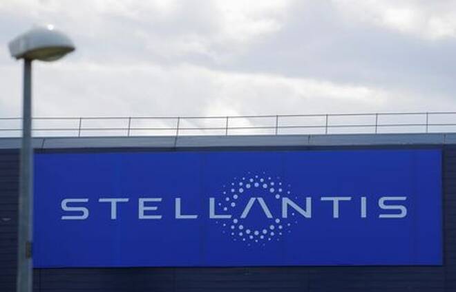 The logo of Stellantis is seen on a company's building