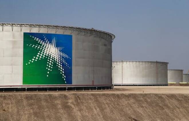 A view shows branded oil tanks at Saudi Aramco oil