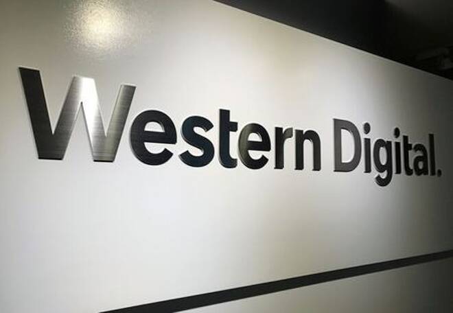 The logo of Western Digital Corporation is displayed at the company's headquarters in Tokyo