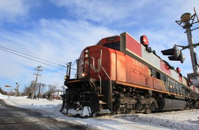 FILE PHOTO: A Canadian National Railway train travels westward on a track in Montreal