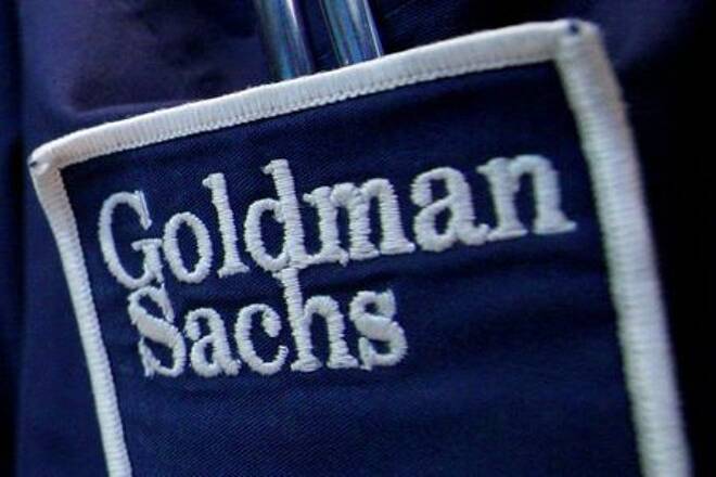 FILE PHOTO: The logo of Goldman Sachs (GS) is seen on the clothing of a trader on the floor of the New York Stock Exchange