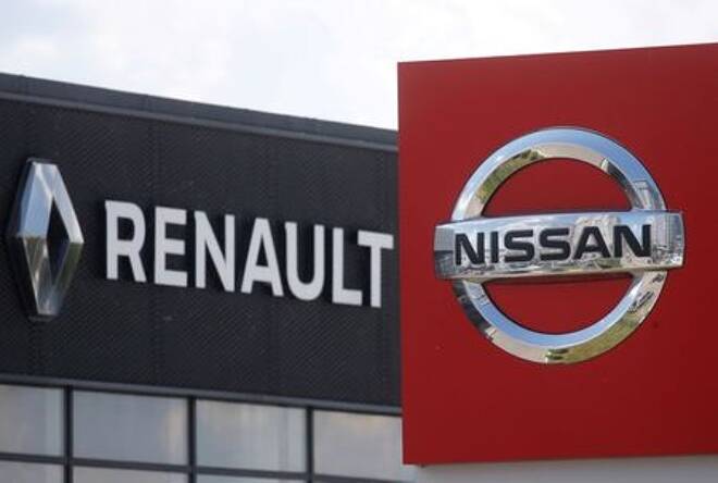 The logos of car manufacturers Nissan and Renault