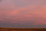 Wind turbines stand above the plains north of Amarillo, Texas