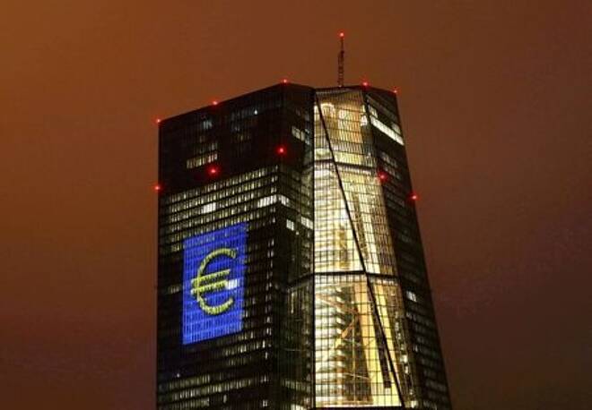 FILE PHOTO: Headquarters of the European Central Bank (ECB) are illuminated with a giant euro sign at the start of the "Luminale, light and building" event in Frankfurt