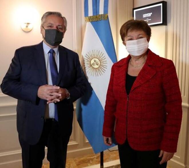 FILE PHOTO: Argentina's President Alberto Fernandez poses next to International Monetary Fund (IMF) Managing Director Kristalina Georgieva, at the Sofitel hotel in Rome