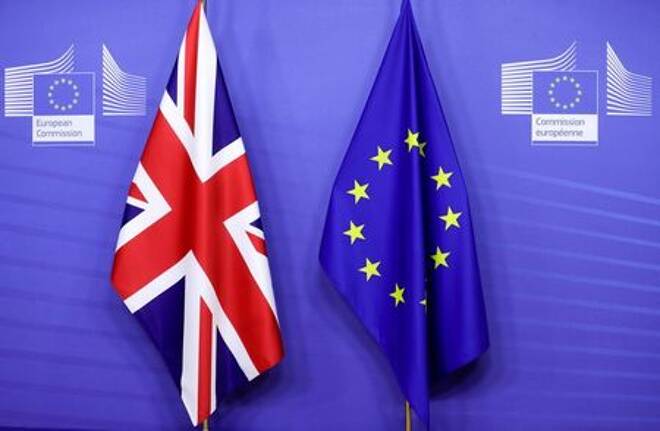 Flags of the Union Jack and European Union are seen ahead of the meeting of European Commission President Ursula von der Leyen and British Prime Minister Boris Johnson, in Brussels, Belgium December 9, 2020. Olivier Hoslet/Pool via REUTERS