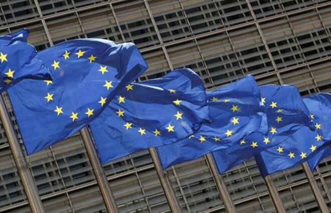 European Union flags flutter outside the EU Commission