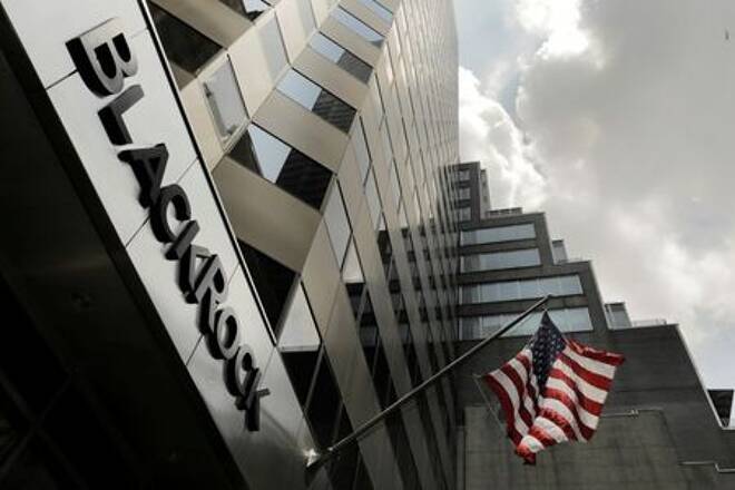 A sign for BlackRock Inc hangs above their