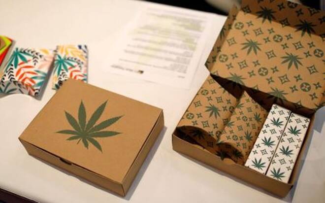 FILE PHOTO: Cannabis product boxes are displayed at The Cannabis World Congress &amp; Business Exposition (CWCBExpo) trade show in New York