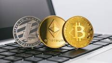 Bitcoin, Ethereum, Litecoin Digital cryptocurrencys on a notebook