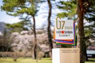 Logo do G7 durante encontro de ministros das Relações Exteriores dos países que compõem o grupo ma cidade japonesa de Karuizawa