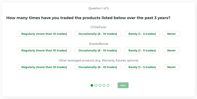 Questionário de categorização do cliente da Zero Markets