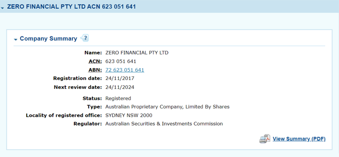 A informação de licença da Zero Financial Pty Ltd’s em asic.gov.au