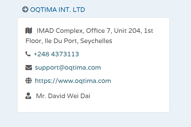 Informações de licenciamento da OQTIMA INT. LTD em fsaseychelles.sc