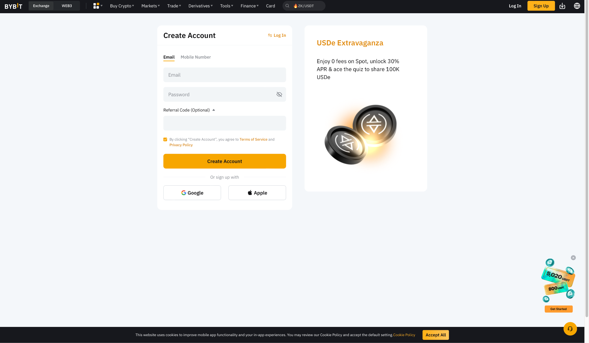 Página de registro de Bybit