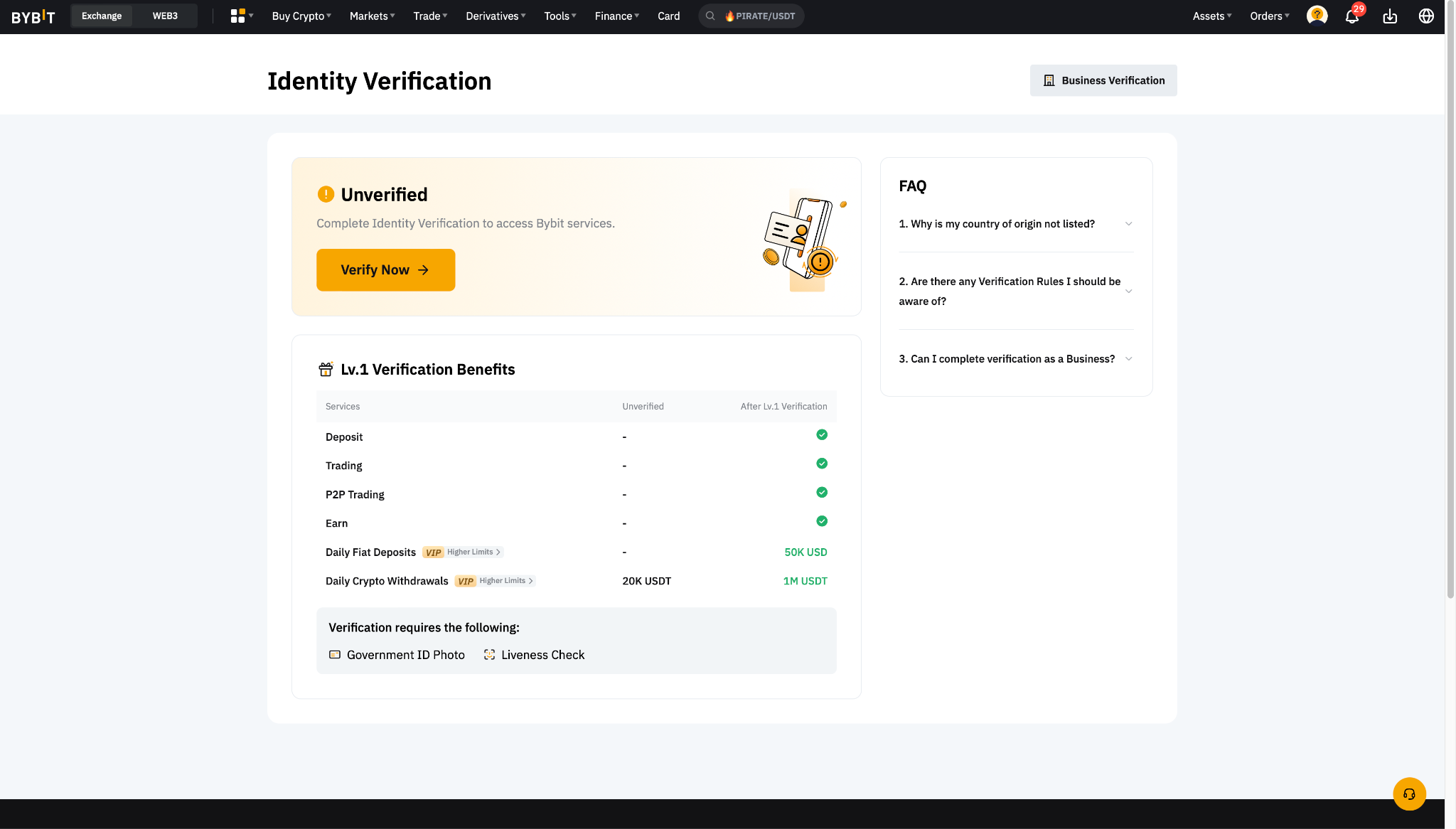 Página de KYC de Bybit