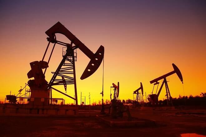 Oil field scene, the evening of beam pumping unit in silhouette