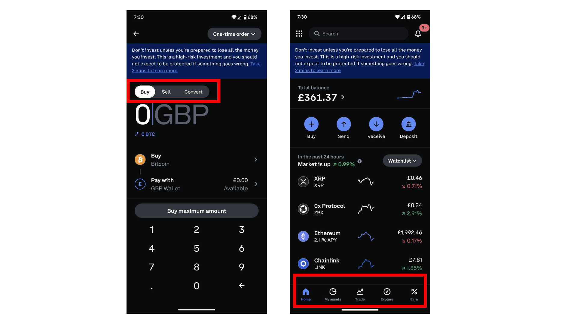 Navegación de la aplicación y opciones de trading