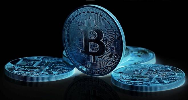Bitcoin moneda en azul